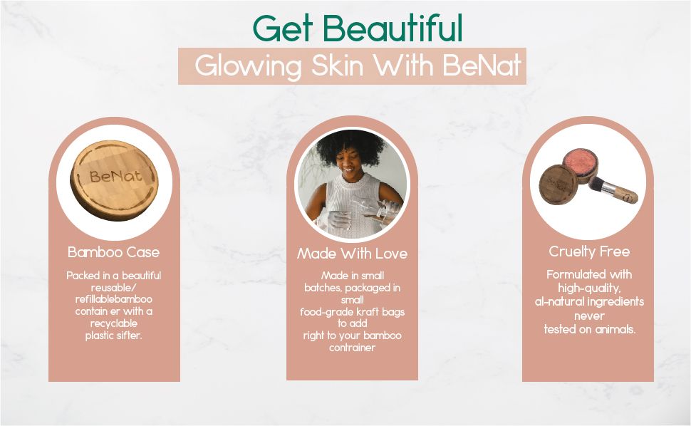 BeNat All-Natural Blush Loose Powder | Reusable Bamboo Container with Refills | Vegan & Lightweight Face Makeup