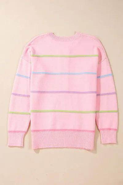 Contrast Striped Half Button Round Neck Sweater for Women