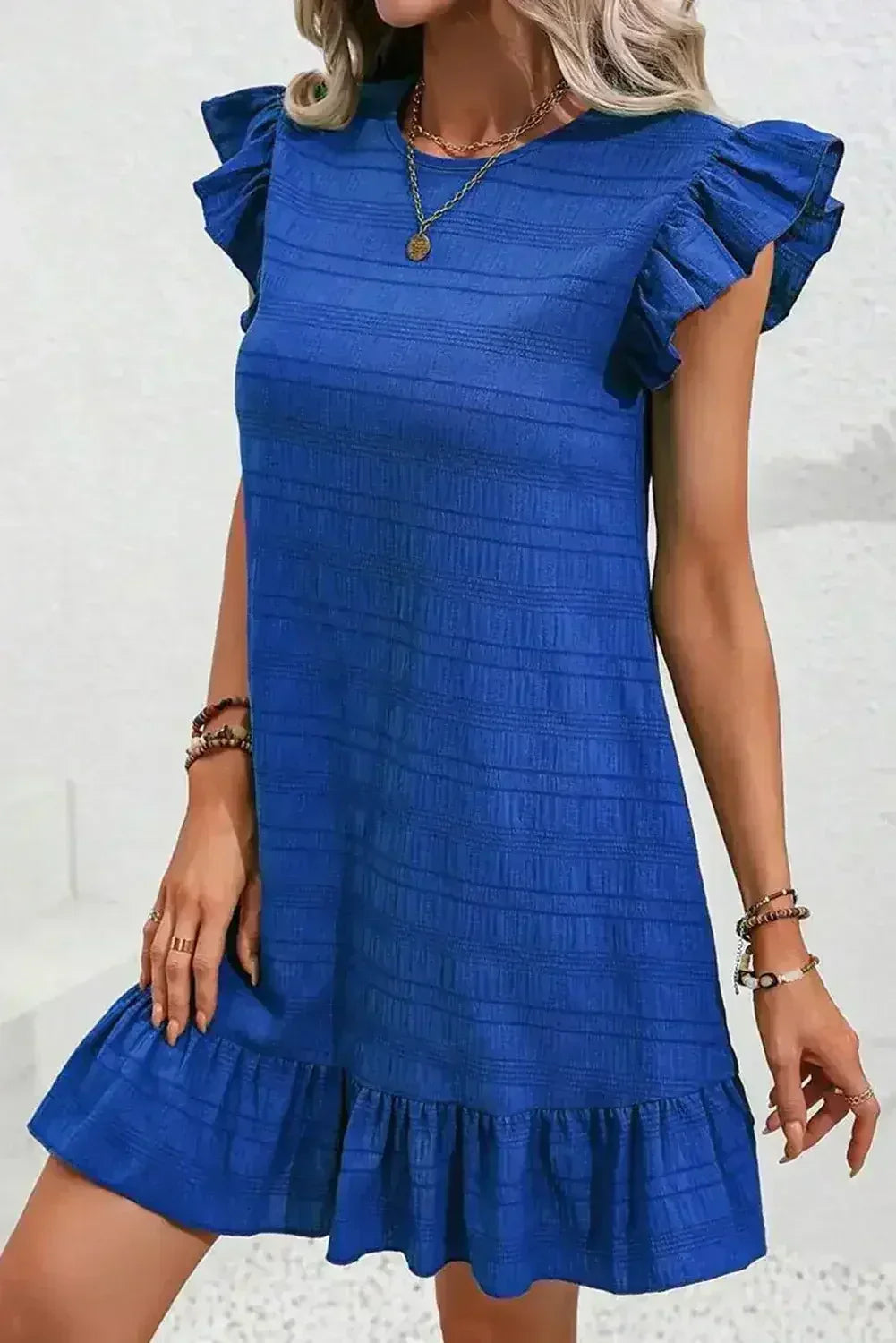 Dark Blue Textured Flutter Sleeve Ruffle Mini Dress