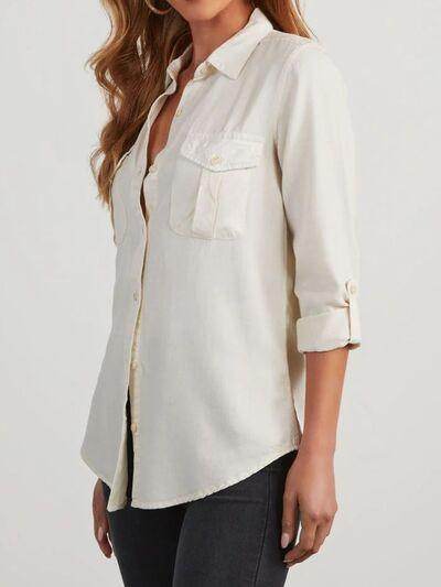Collared Neck Roll-Tab Sleeve Denim Top for Women