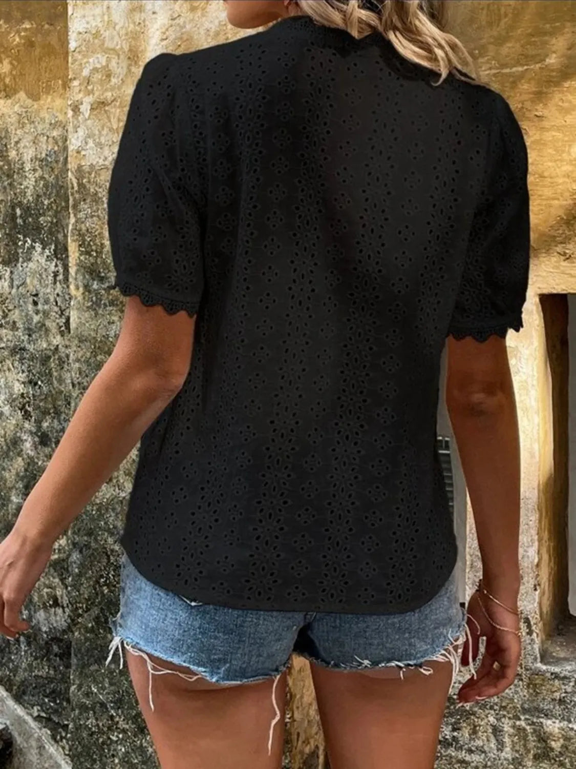 Full Size Eyelet V-Neck Short Sleeve Blouse Plus Size