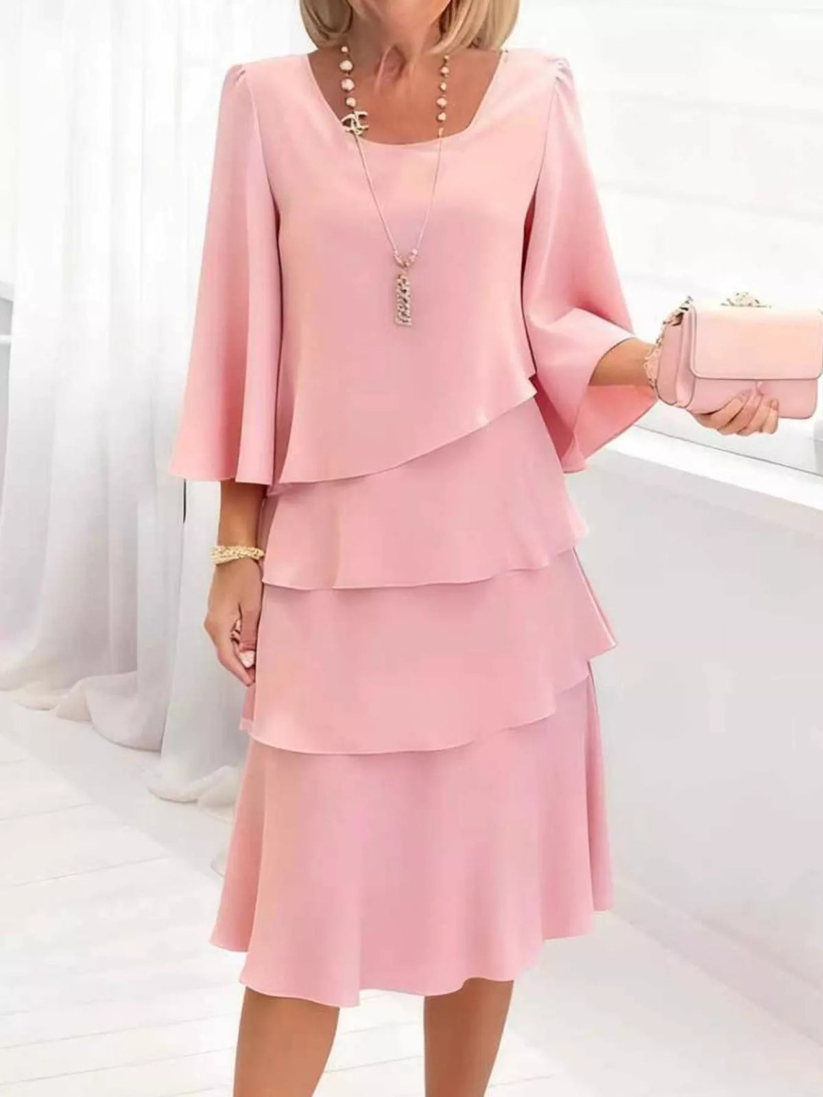 Full Size Ruffled Layered 3/4 Sleeve Dress Plus Size