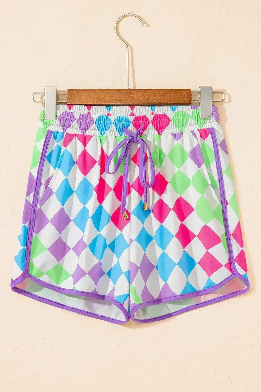 Black Checkered Drawstring Elastic Waist Casual Shorts