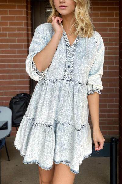 V-Neck Half Sleeve Mini Denim Dress for Casual Style