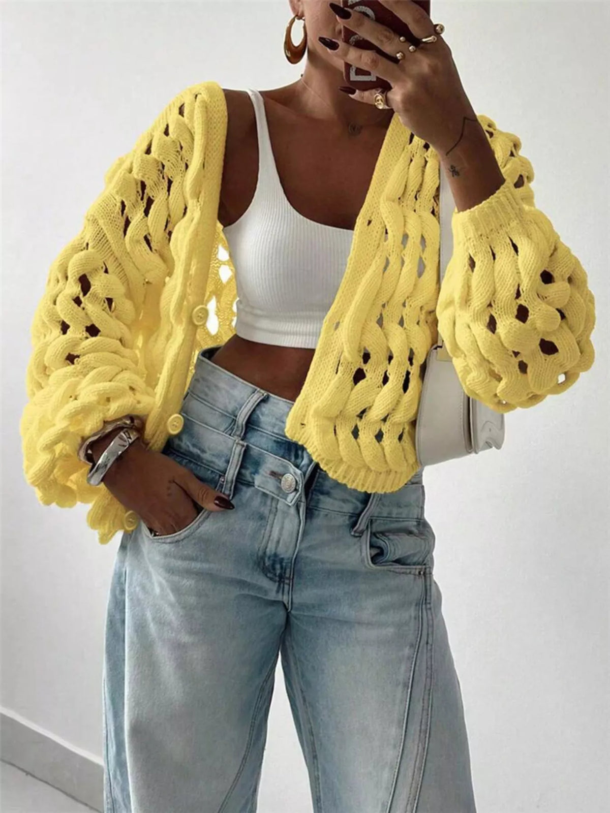 Openwork Button Up V-Neck Cardigan