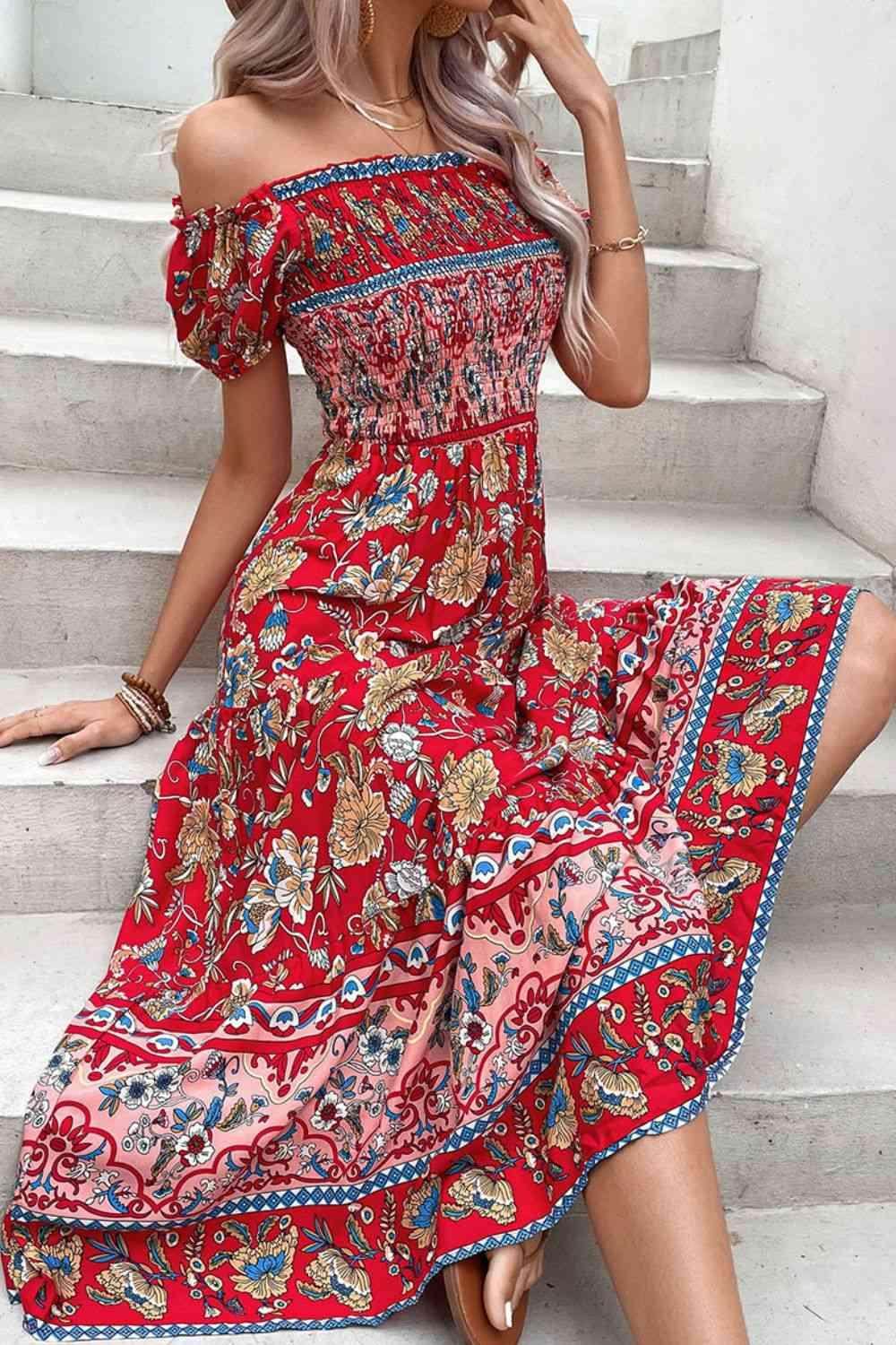 Perfee Floral Off-Shoulder Smocked Midi Dress for Women