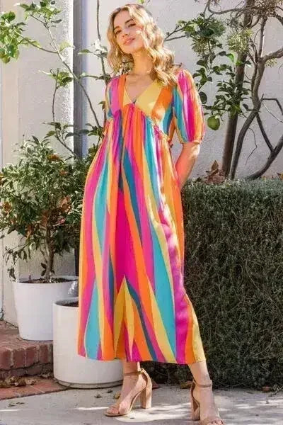 ODDI Striped Puff Sleeve Jumpsuit - Full Size Wide Leg Design