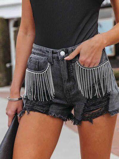 Distressed Fringe Denim Shorts with Pockets for Women