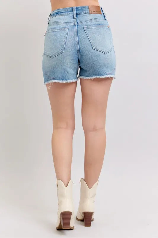Judy Blue Full Size High Waist Western Embroidery Detail Cut Off Denim Shorts Plus Size