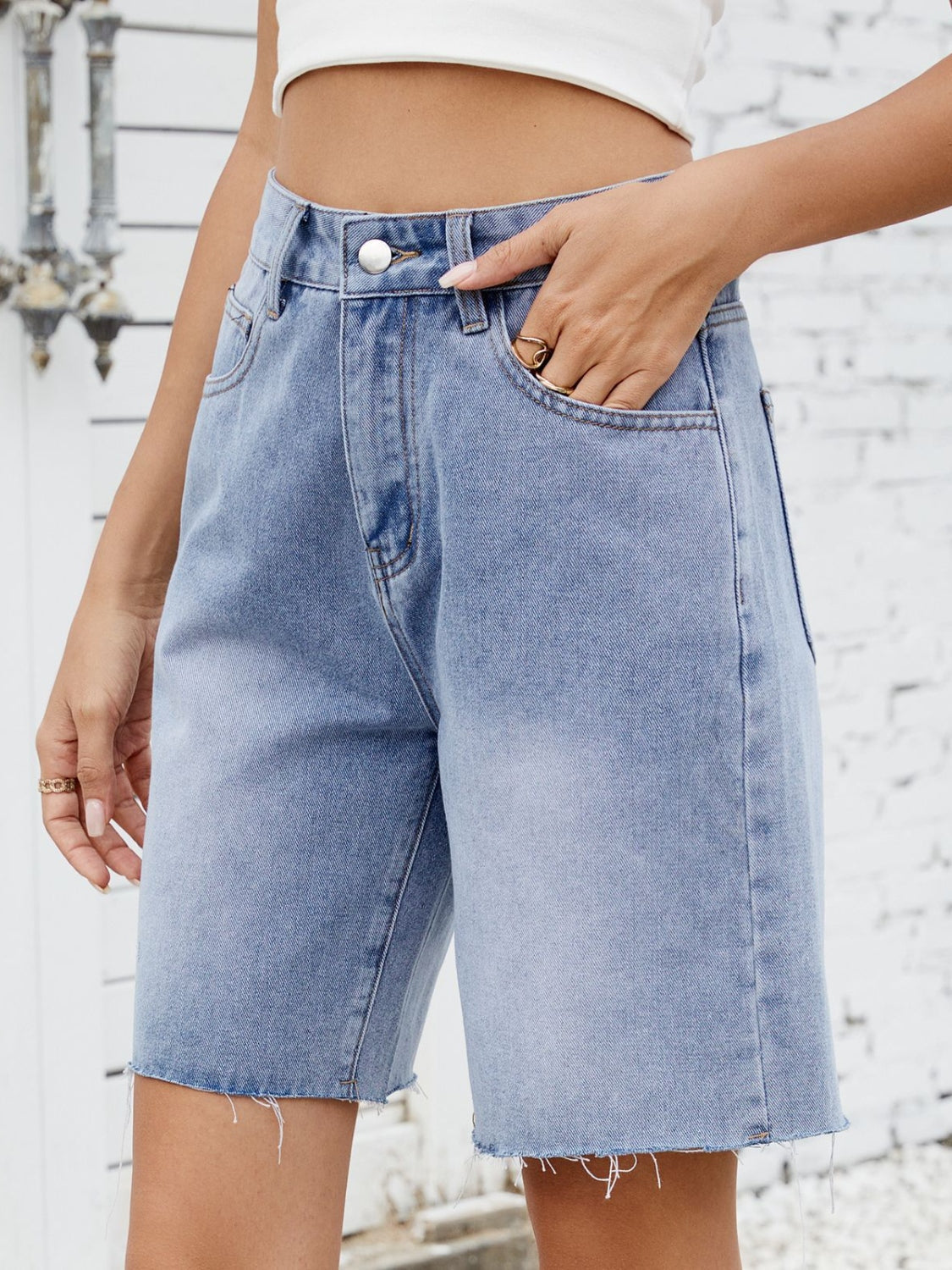 Washed Raw Hem Denim Shorts