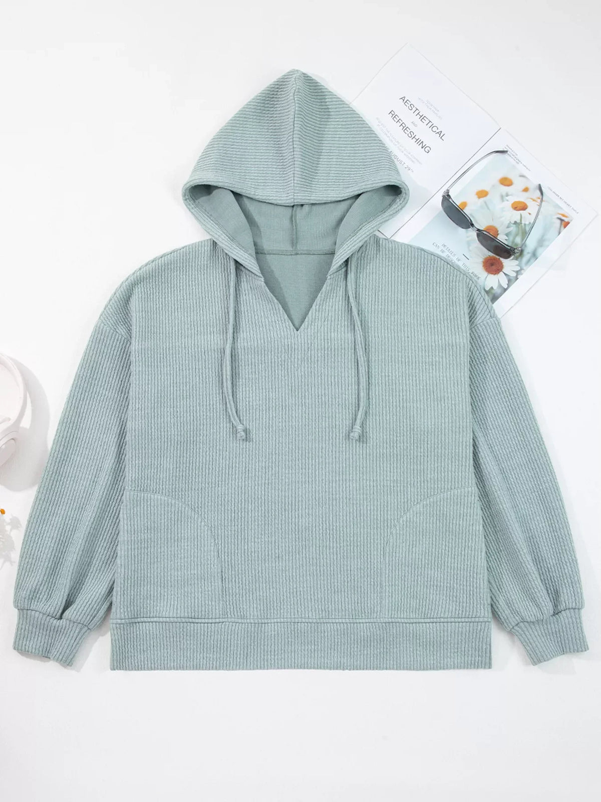 Ribbed Drop Shoulder Knit Hoodie