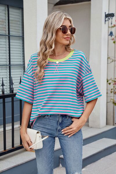 Contrast Striped Round Neck Half Sleeve T-Shirt