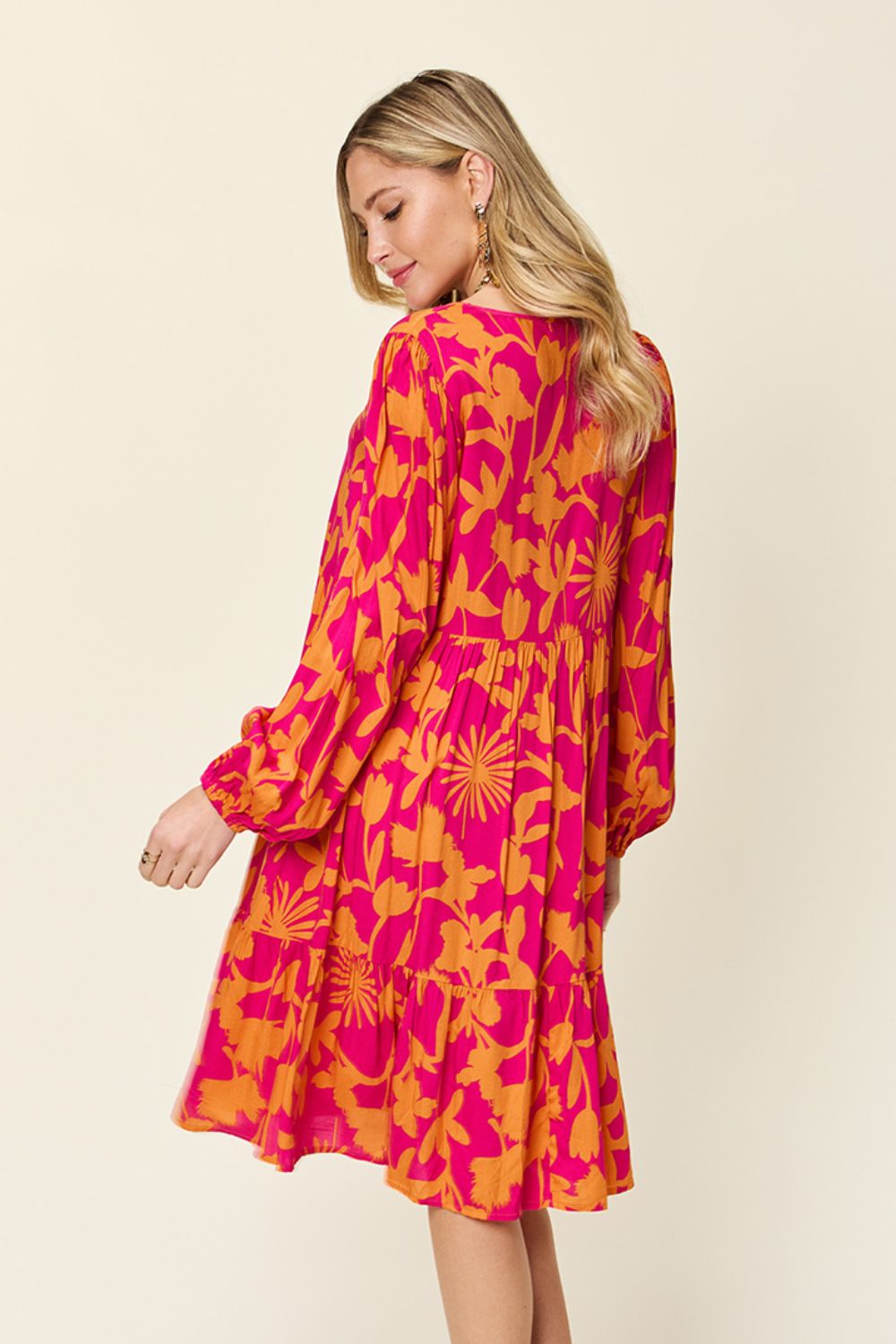 Printed Ruffle Hem Long Sleeve Rayon Dress