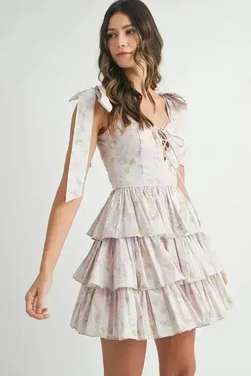 MABLE Floral Print Shoulder Tie Layered Mini Dress