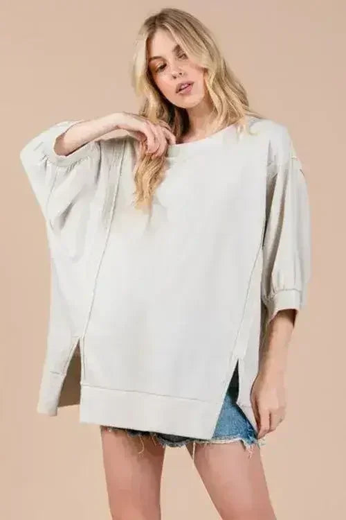 Drop Shoulder Puff Sleeve Sweatshirt | Side Slit Casual Top -Femstylo