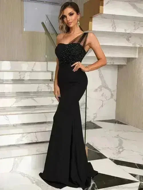 Rhinestone One-Shoulder Formal Dress – Elegant Evening Gown