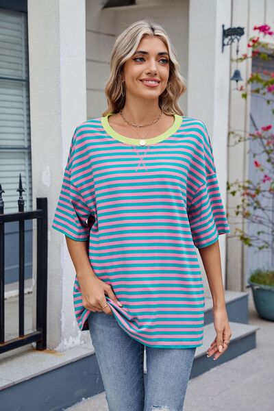 Contrast Striped Round Neck Half Sleeve T-Shirt