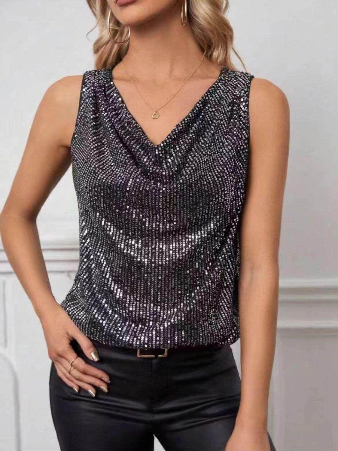 Sequin Cowl Neck Tank Top for Stylish Evening Wear