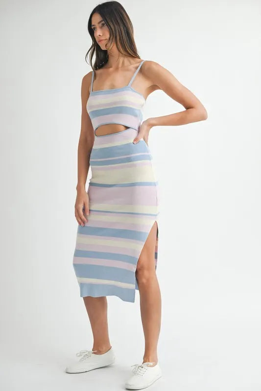 MABLE Multi Color Striped Front Cutout Knit Midi Dress