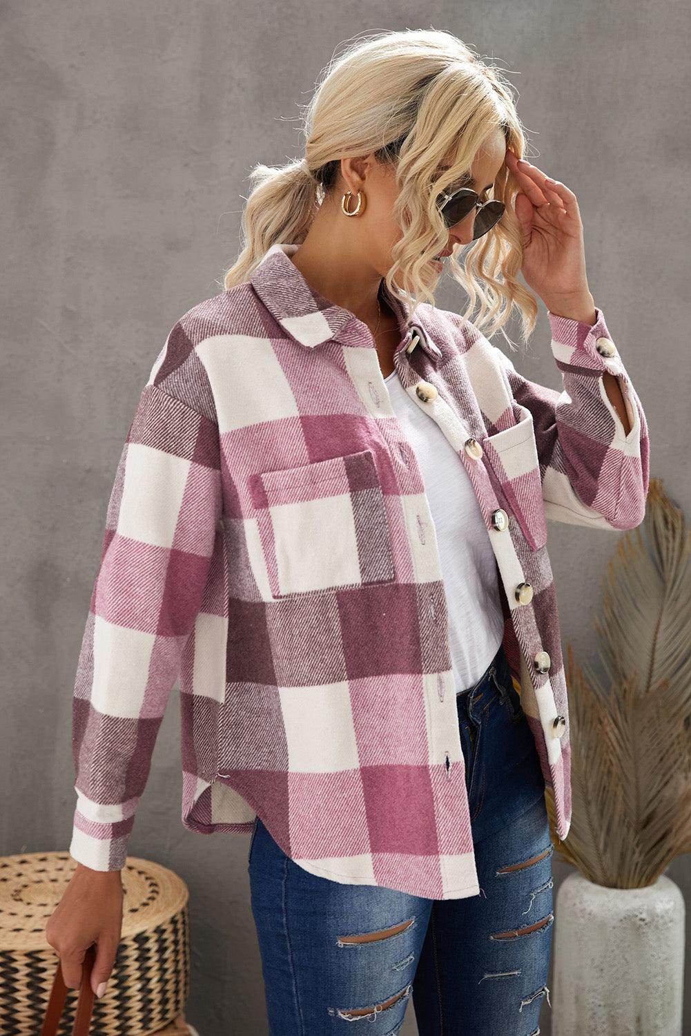 Plaid Button Up Dropped Shoulder Jacket for Women Stylish