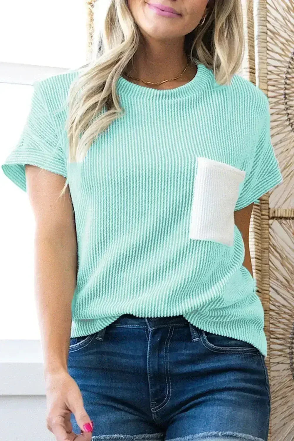 Pink Corded Colorblock Pocket Crew Neck T Shirt