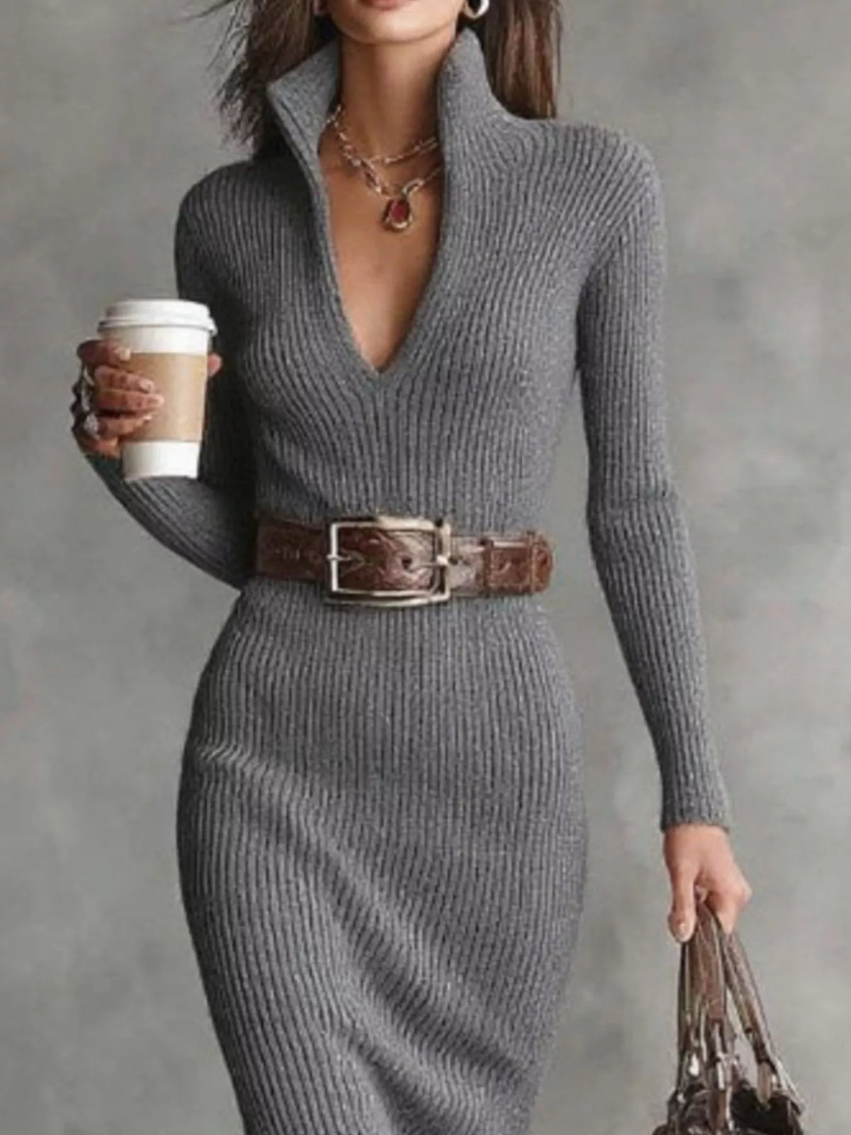 Full Size Ribbed Knit Turtleneck Sweater Dress Plus Size