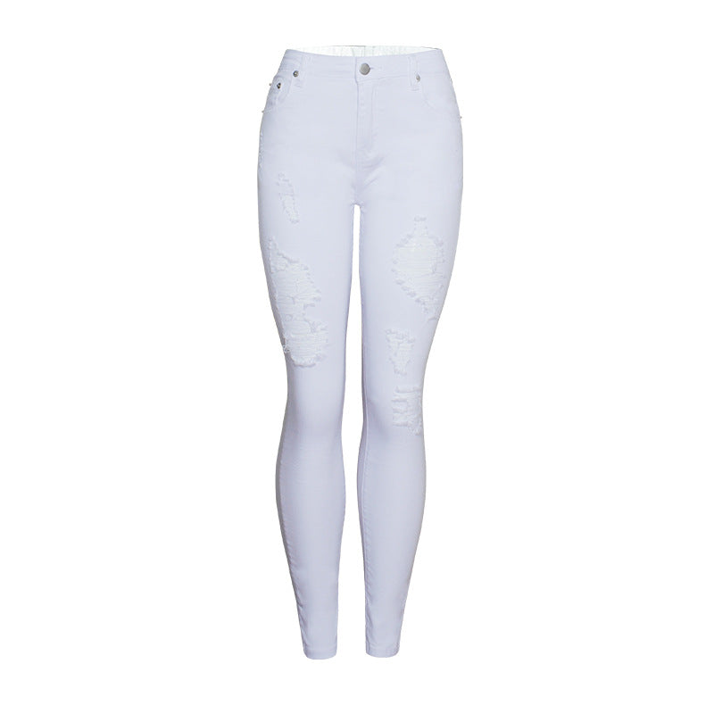 Womens Trendy Slim-fit Solid-color White Ripped Skinny Pants