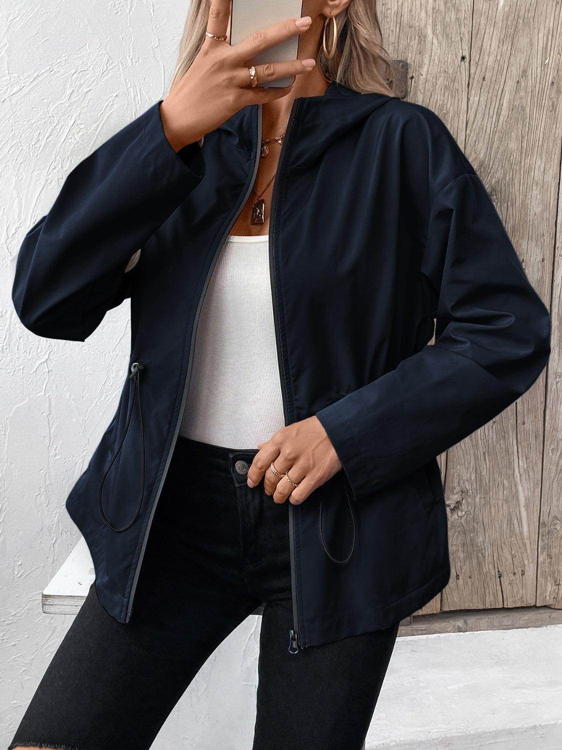 Ivy Lane Drawstring Zip Up Hooded Jacket for Women
