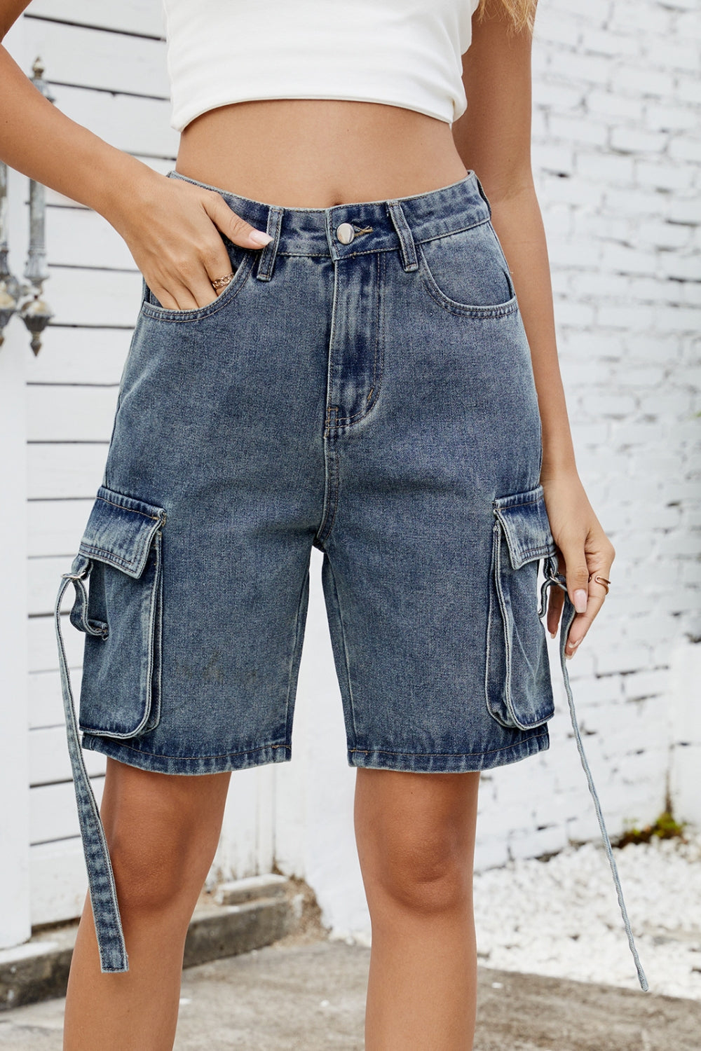 Washed Cargo Denim Shorts