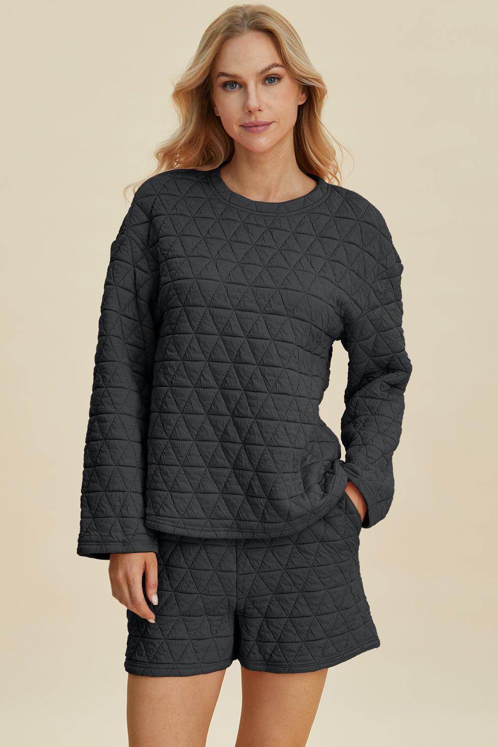 Double Take Full Size Texture Round Neck Long Sleeve Top and Shorts Set for Women
