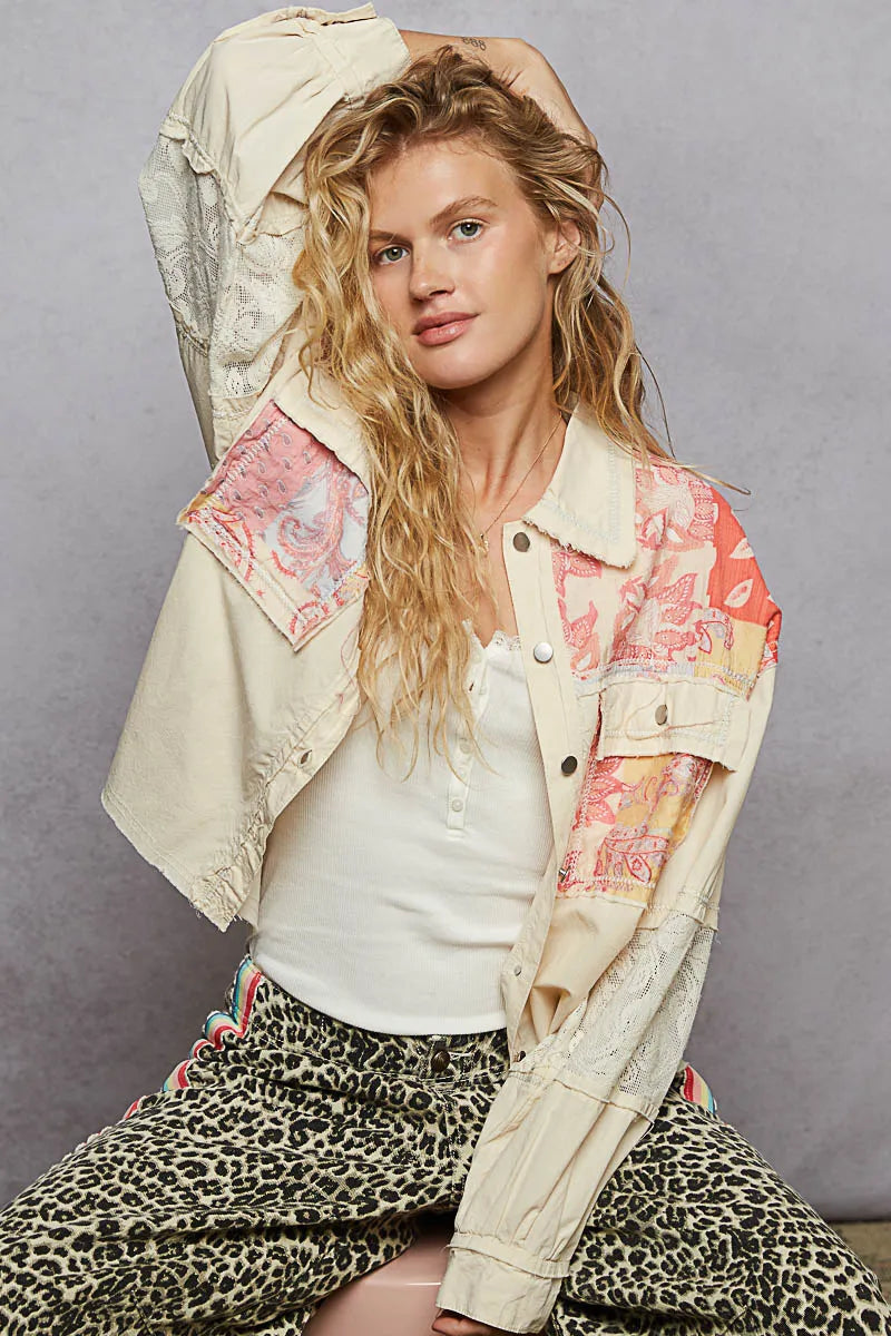 POL Printed Woven Mix Raw Hem Jacket with Lace Detail