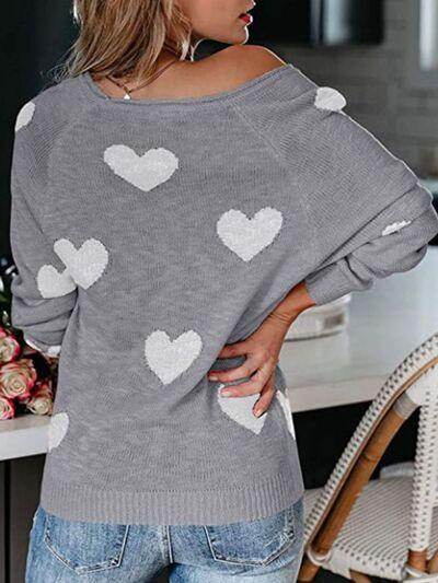 Heart Scoop Neck Long Sleeve Sweater for Women Cozy Style