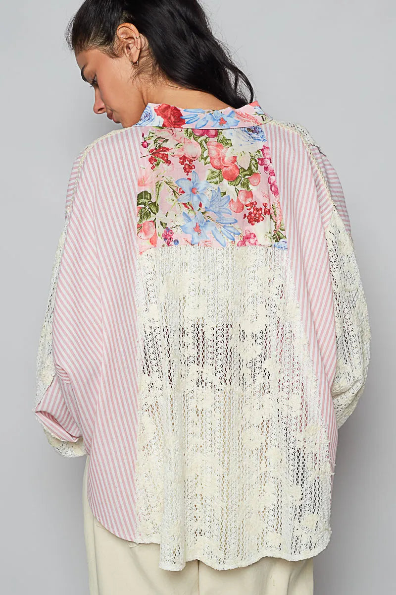 POL Lace Long Sleeve Shirt with Floral and Striped Pattern