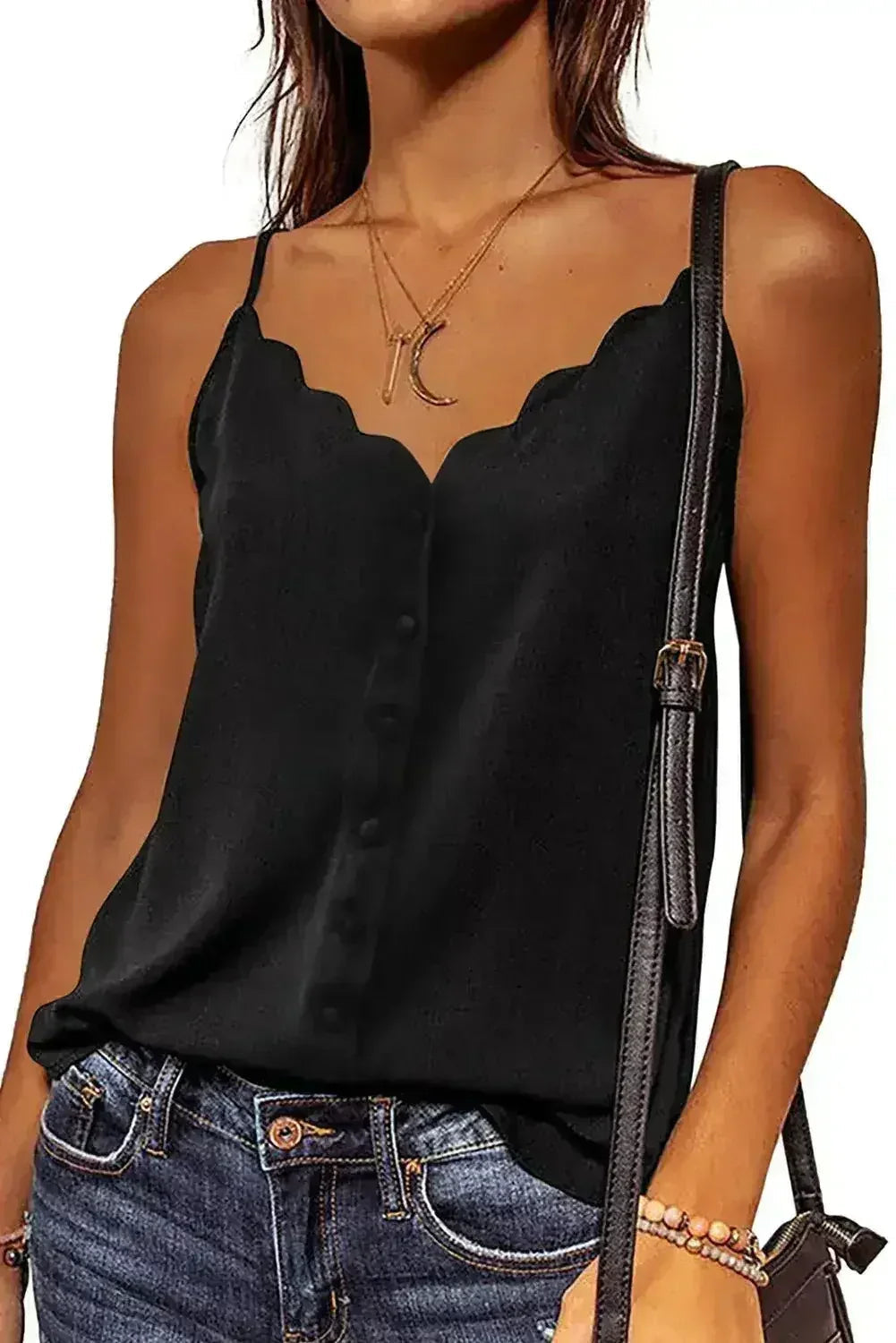 Black Spaghetti Straps Buttoned V Neck Vest