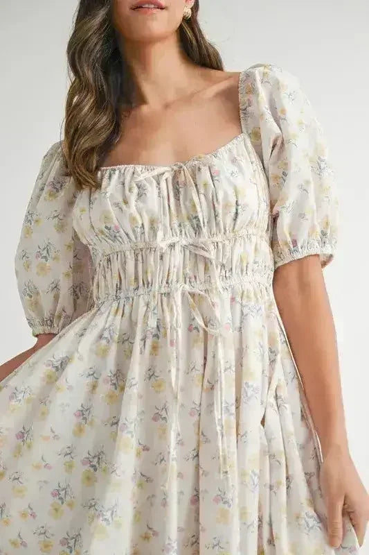 MABLE Floral Drawstring Detail Puff Sleeve Midi Dress