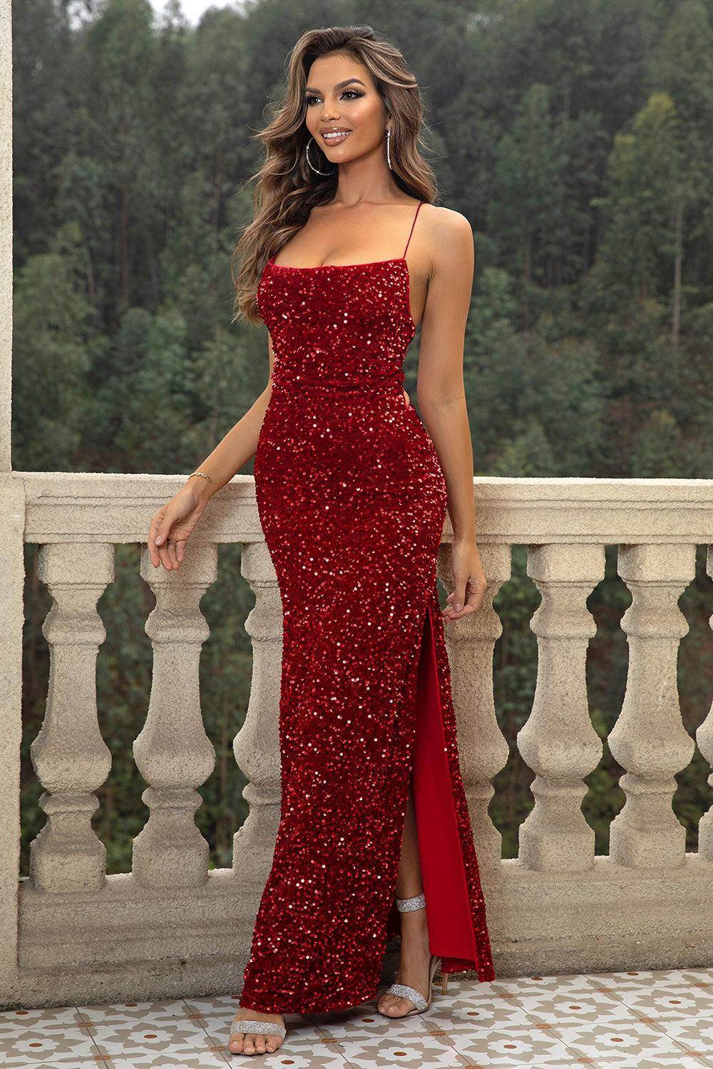 Sequin Backless Split Maxi Dress for Elegant Evening Wear