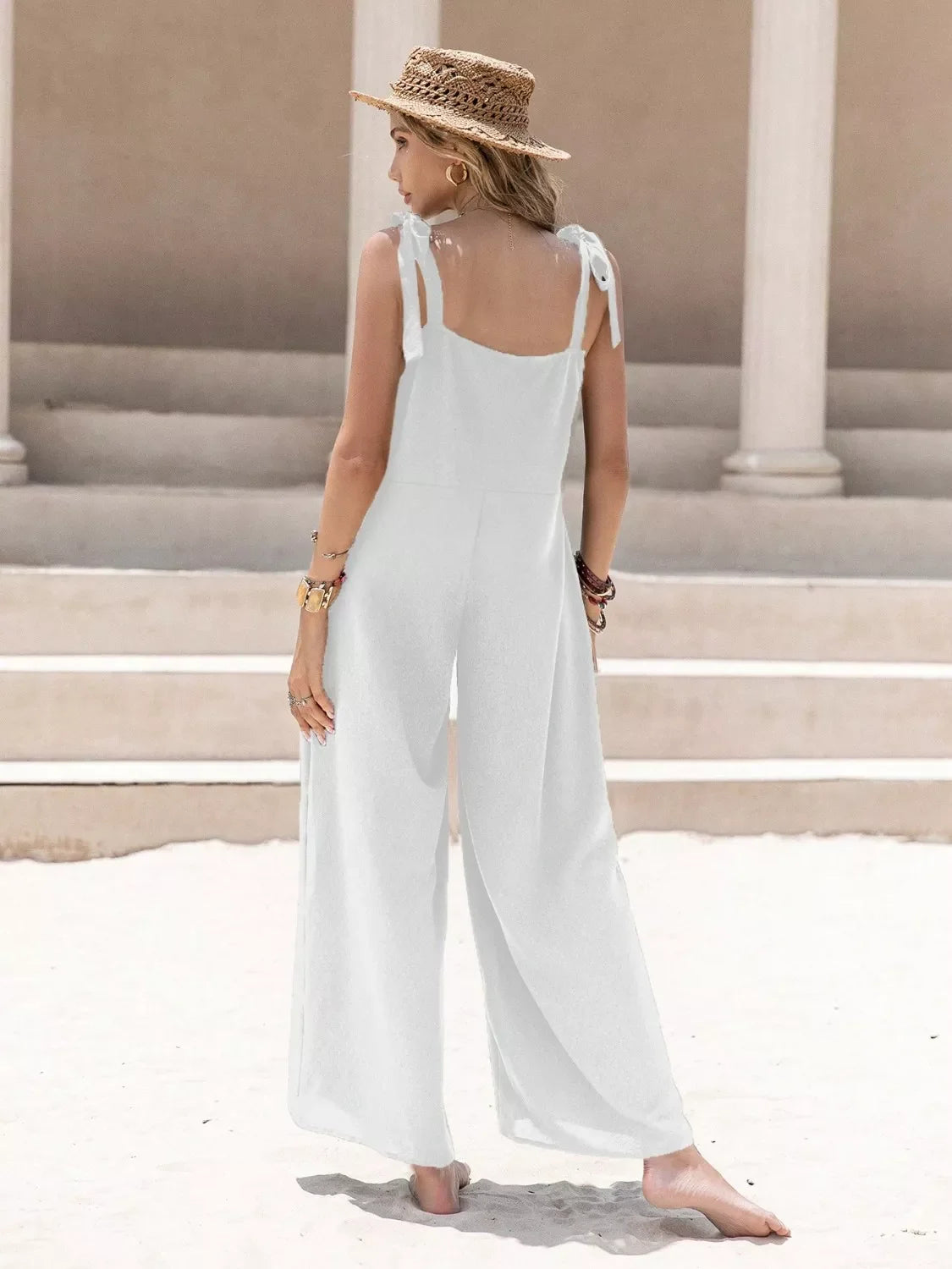 Sleeveless Wide Leg Jumpsuit with Tie Shoulder