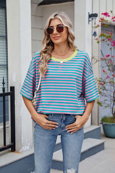 Contrast Striped Round Neck Half Sleeve T-Shirt
