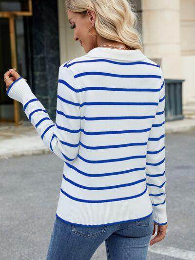 Striped Johnny Collar Long Sleeve Sweater for Women