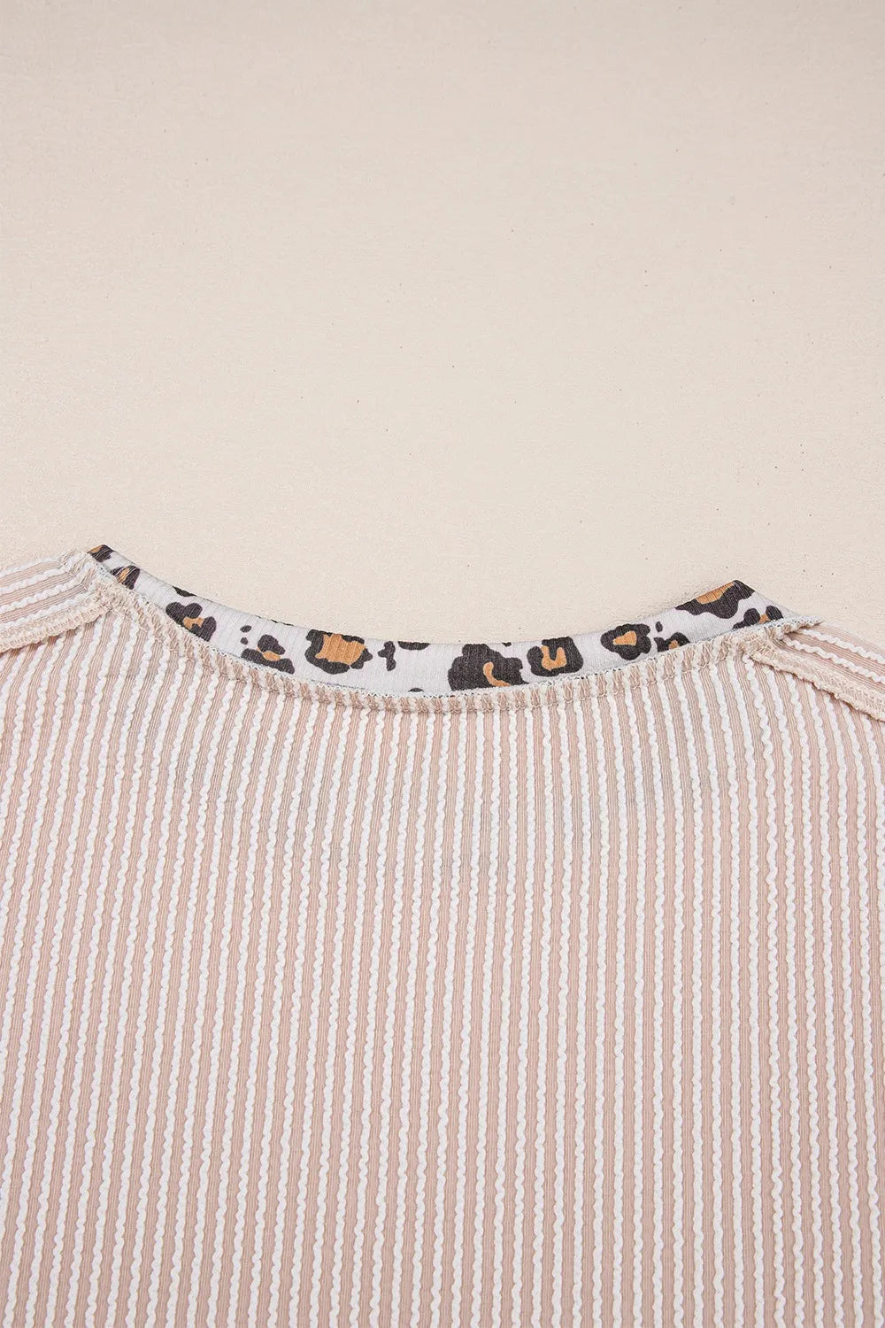 Leopard Trim Round Neck Ribbed T-Shirt