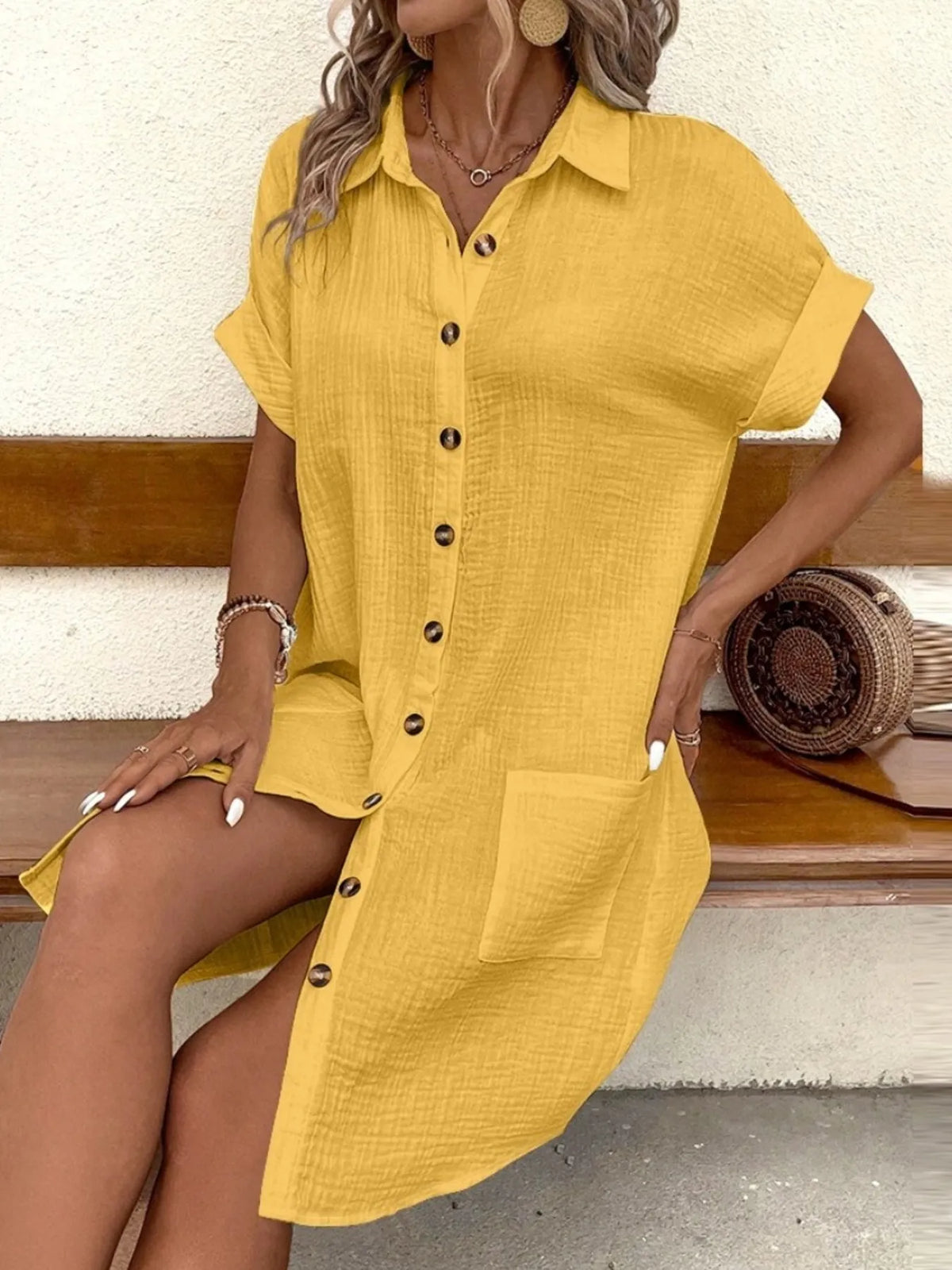 Textured Button-Front Shirt Dress
