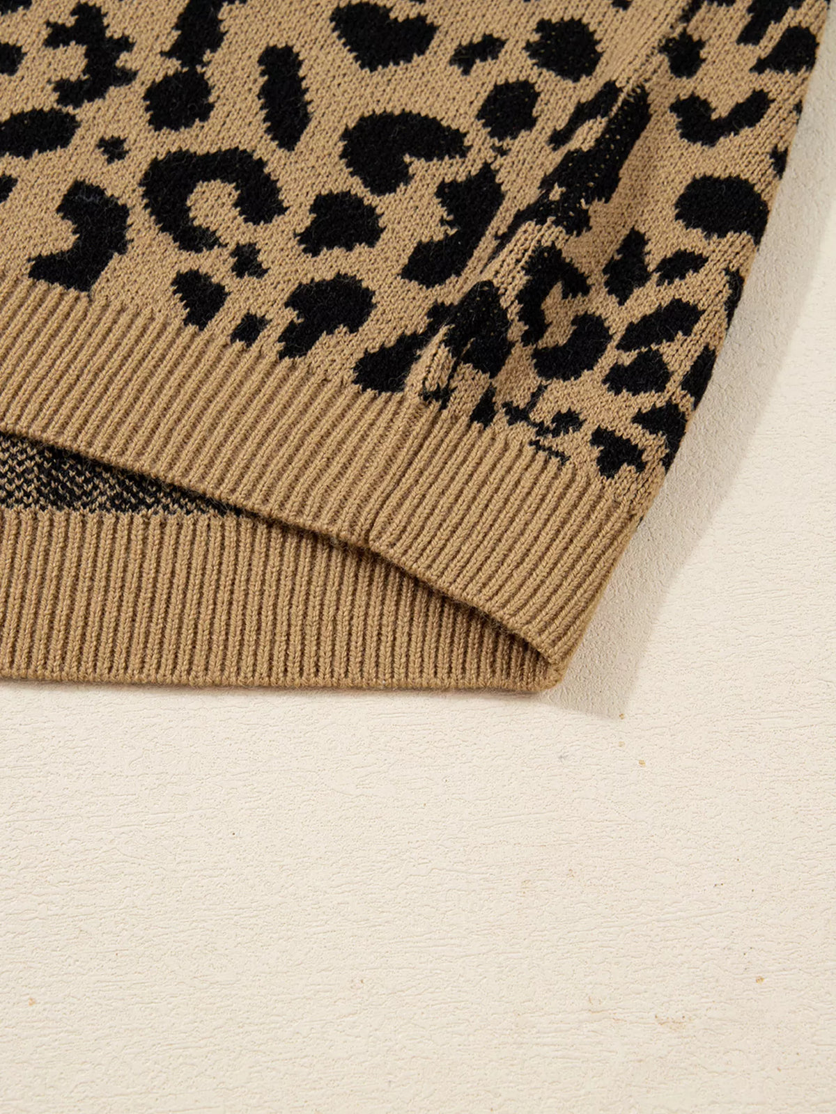 Ribbed Trim Round Neck Leopard Drop Shoulder Sweater