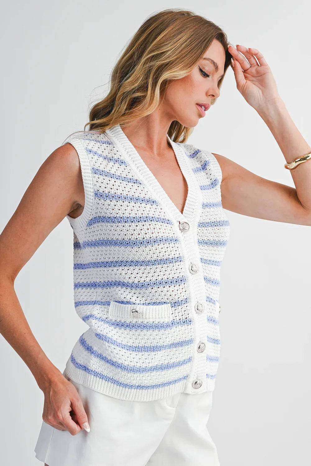 Sky Blue Striped V Neck Button Knit Vest