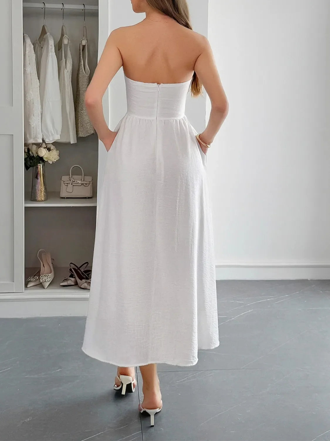 Strapless A-Line Midi Dress with Pockets