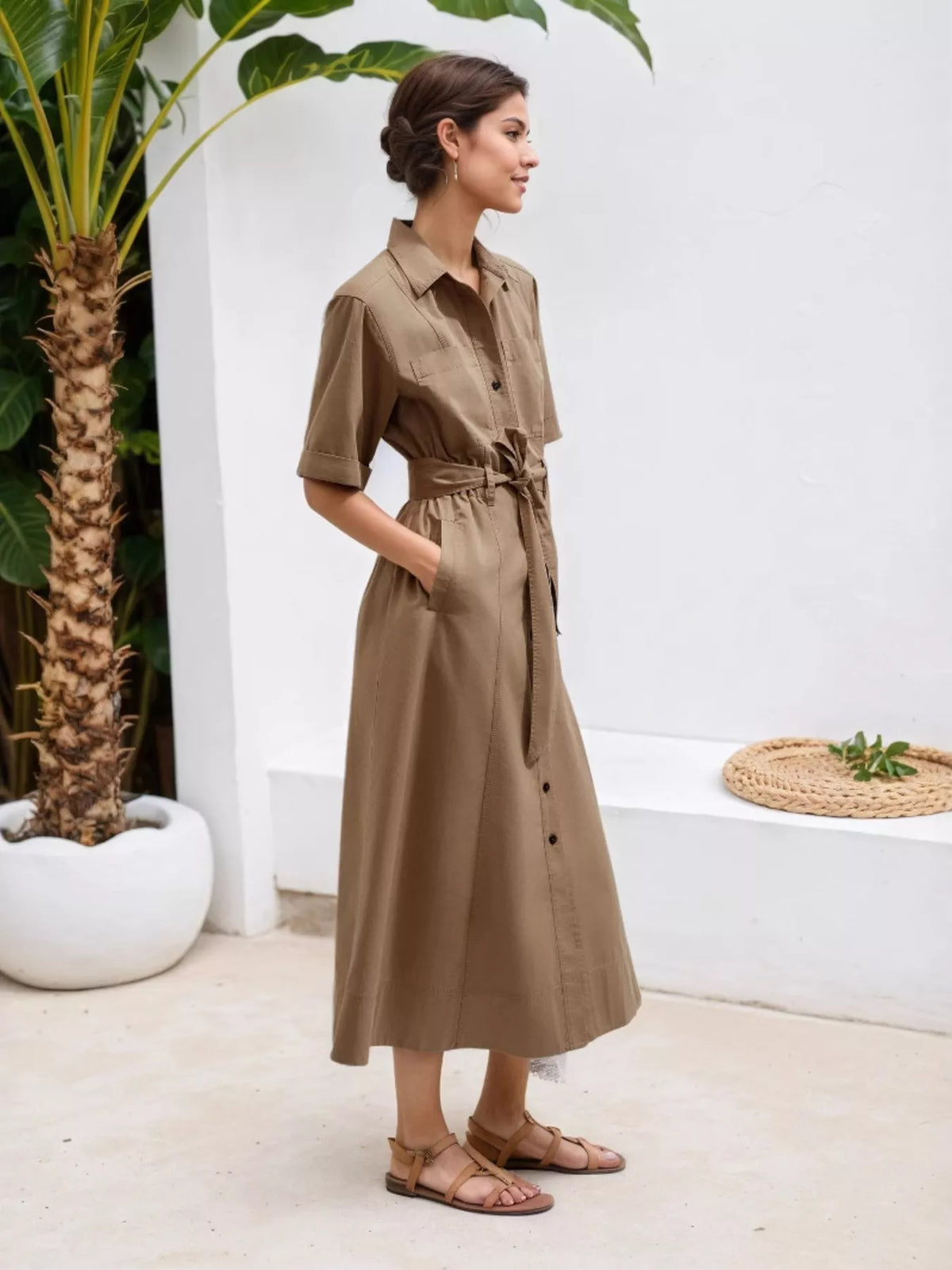 Button Front Short Sleeve Shirt Dress