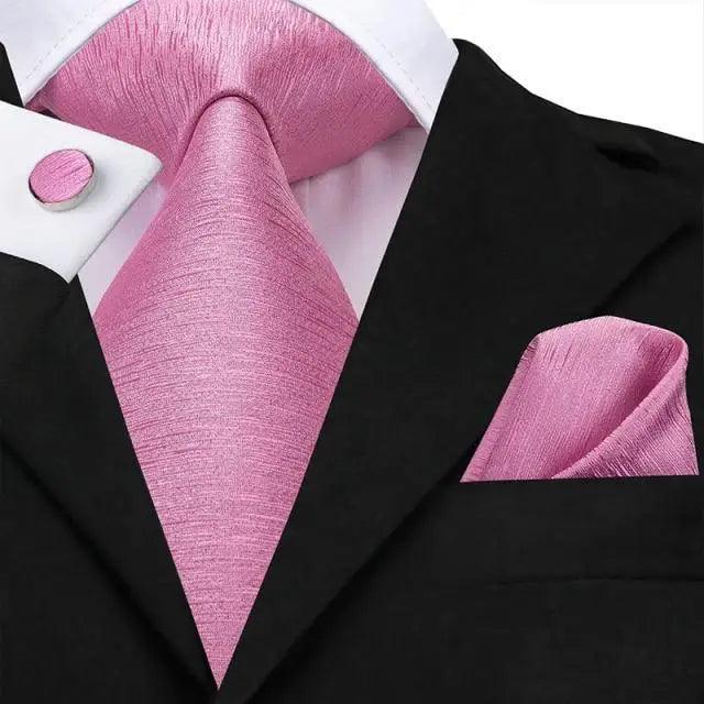 Elegant Pink Silk Necktie Pocket Square Cufflinks Set Elegant Men&