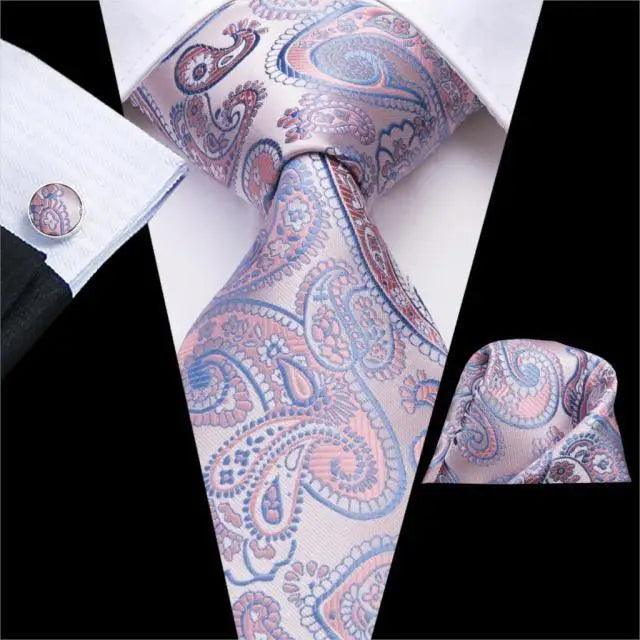 Elegant Pink Silk Necktie Pocket Square Cufflinks Set Elegant Men&