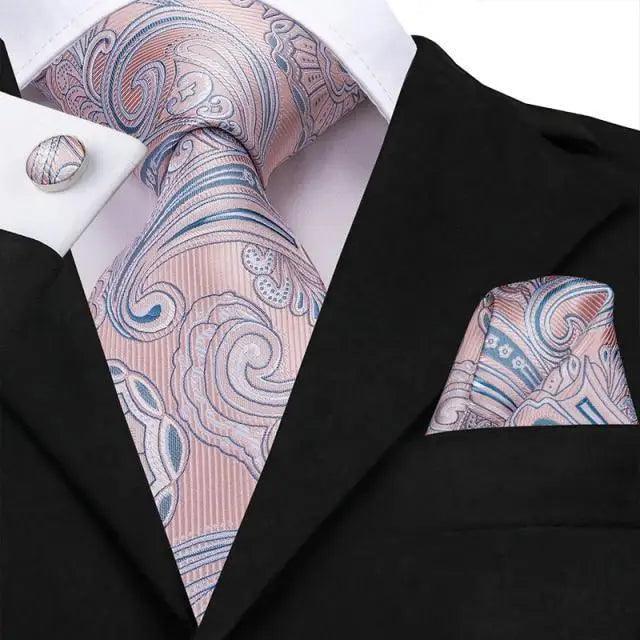 Elegant Pink Silk Necktie Pocket Square Cufflinks Set Elegant Men&
