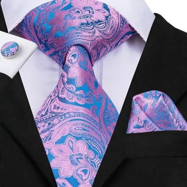 Elegant Pink Silk Necktie Pocket Square Cufflinks Set Elegant Men&