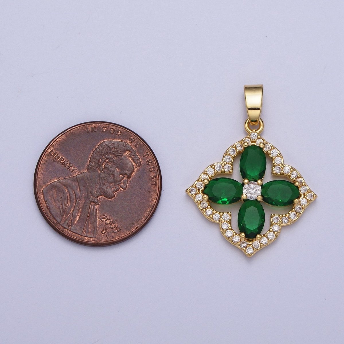 14K Gold Filled 26mm Green Micro Paved CZ Geometric Clover Flower Pendant | X548